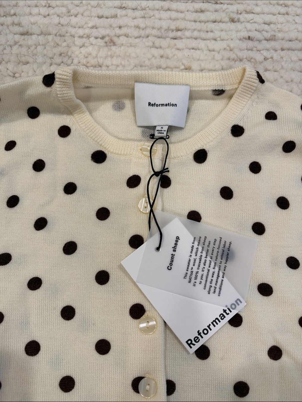 Reformation Bernadette Crew Cardigan Brownie Polka Dot - Picture 5 of 5